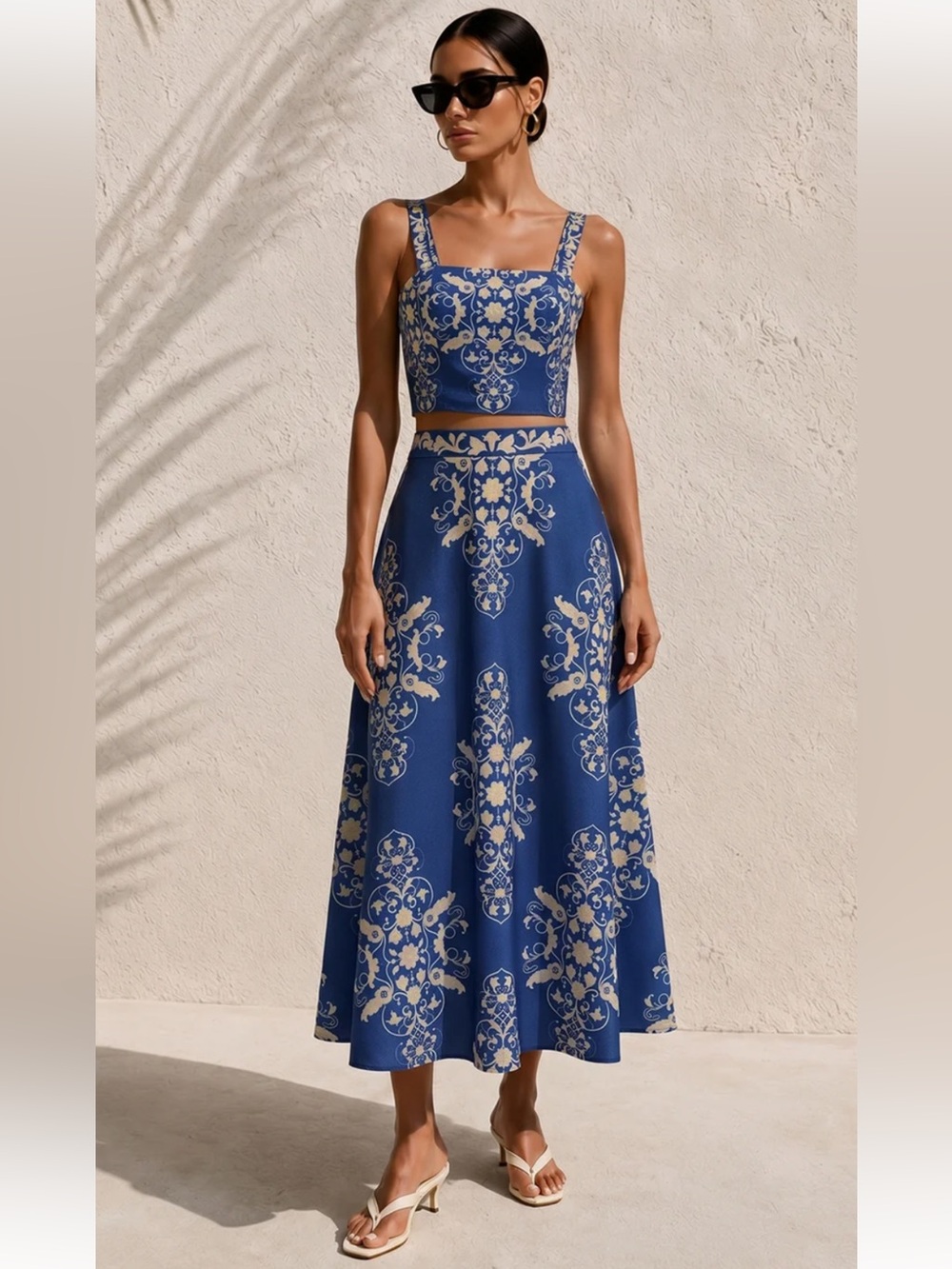 Commense Baroque Print Cami Crop Top & Maxi Skirt Set